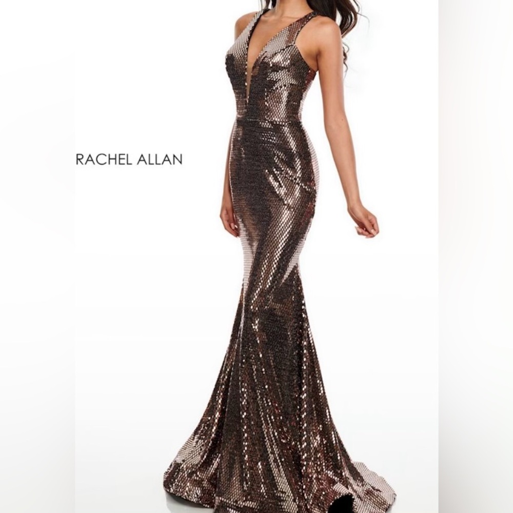 RACHEL ALLAN Size18 Formal Dress Halter Illusion VNeck Rose Gold Mermaid Style